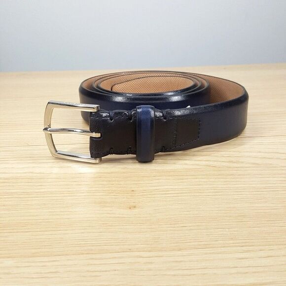 COLE HAAN Belt Mens Size 42 Black Blue Leather Colorblock Silver Logo Buckle - Picture 1 of 7